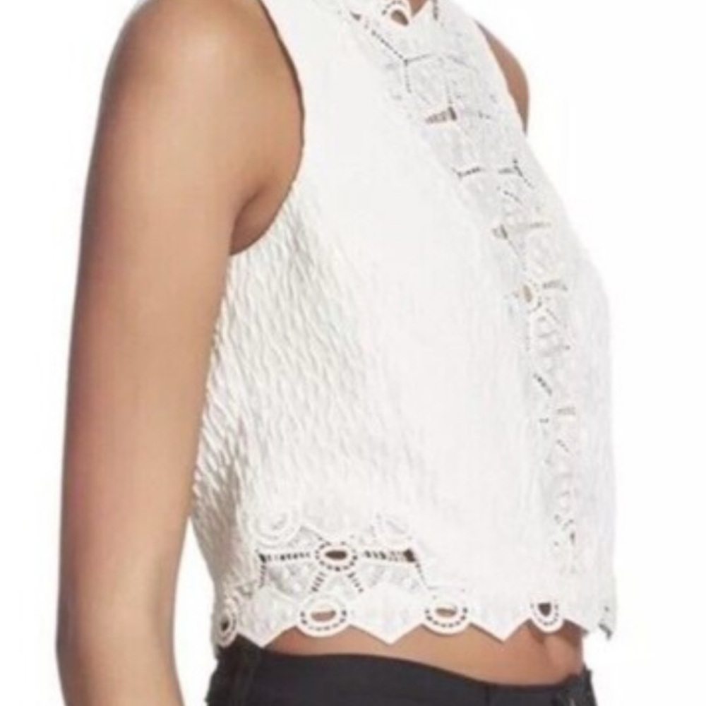 Rebecca Taylor White Embellished Crop Blouse with Mandarin Collar
